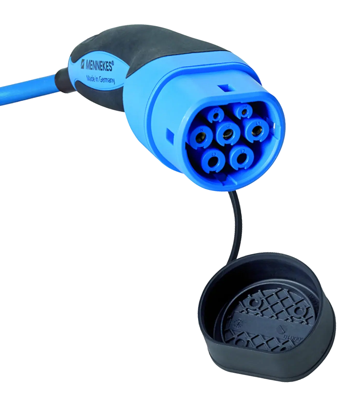 A Type 2 (Mennekes) AC charging connector, showing its seven contact positions and protective dust cap