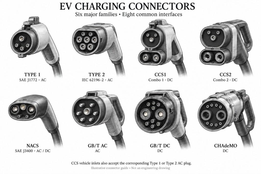 Illustrative overview of eight EV charging connector interfaces across six major families: Type 1, Type 2, CCS1, CCS2, NACS, GB/T AC, GB/T DC, and CHAdeMO